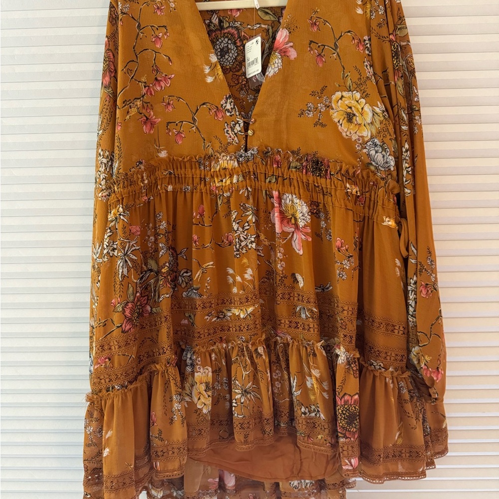 Free People Mustard Floral Long Sleeve Boho Dress